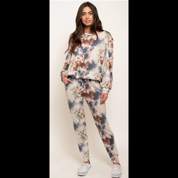 5⭐ soft two-piece boho tie-dye crewneck sweater and jogger pants loungewear set - Picture 3 of 6